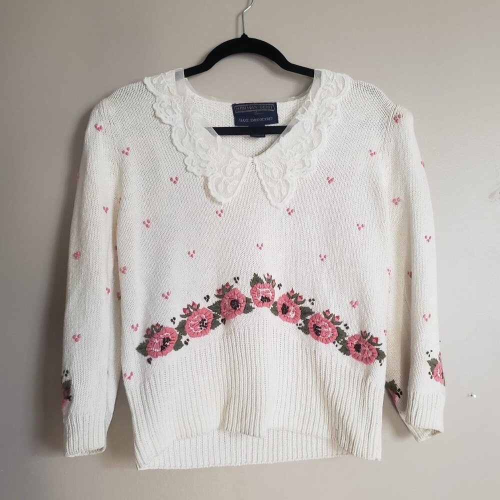 Herman Geist Md Embroidered Sweater with Lace Collar Vintage Cottagecore ***
